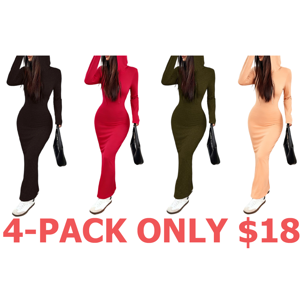 Women's Hooded Drawstring Slim Fit Long Sleeve Knit Dress