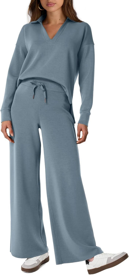 Women's 2 Piece Sets Outfits Casual Long Sleeve Sweatsuits Polo Top and Wide Leg Pants Matching Sets