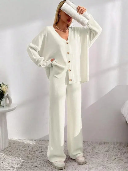 Women's Solid Button Front Drop Shoulder V Neck Cardigan & Elastic Waist Wide Leg