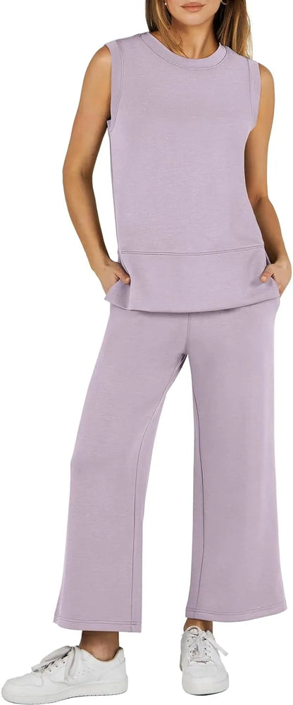 Women's 2 Piece Sets Summer Outfits Sleeveless Wide Leg Tracksuits Casual Sweat Sets Lounge Sweatsuits