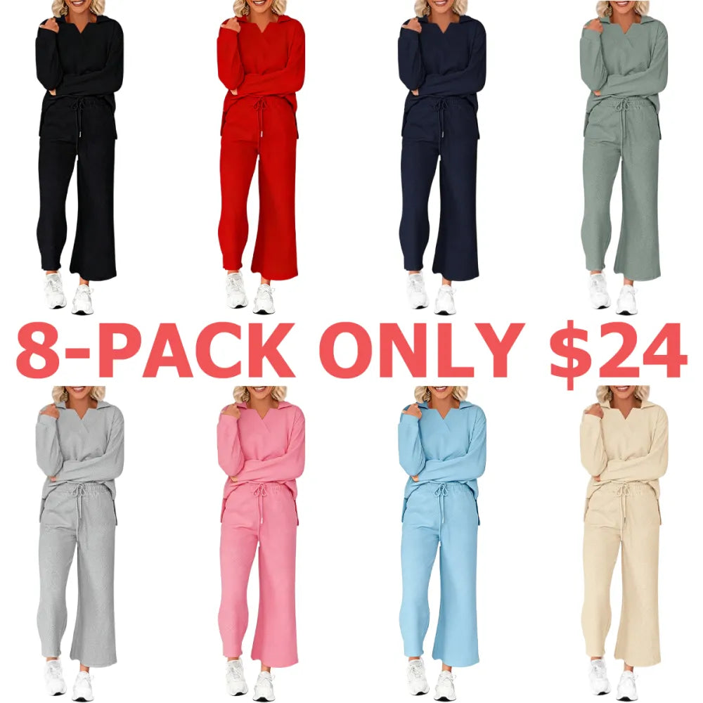 Women 2-Piece Outfit 2025 Fall Winter Lapel V Neck Long Sleeve Pullover and Wide Leg Pants Lounge Sets Pockets