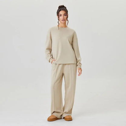 Women's Cozy Round Neck Top & Wide Leg Trousers Two Piece Outfits