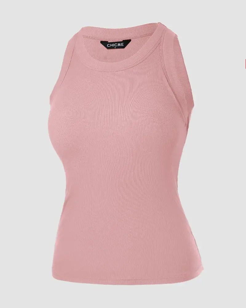 O-Neck Knit Sleeveless Basic Slim Fit Tummy Control Tank Casual Top(Without Pads)