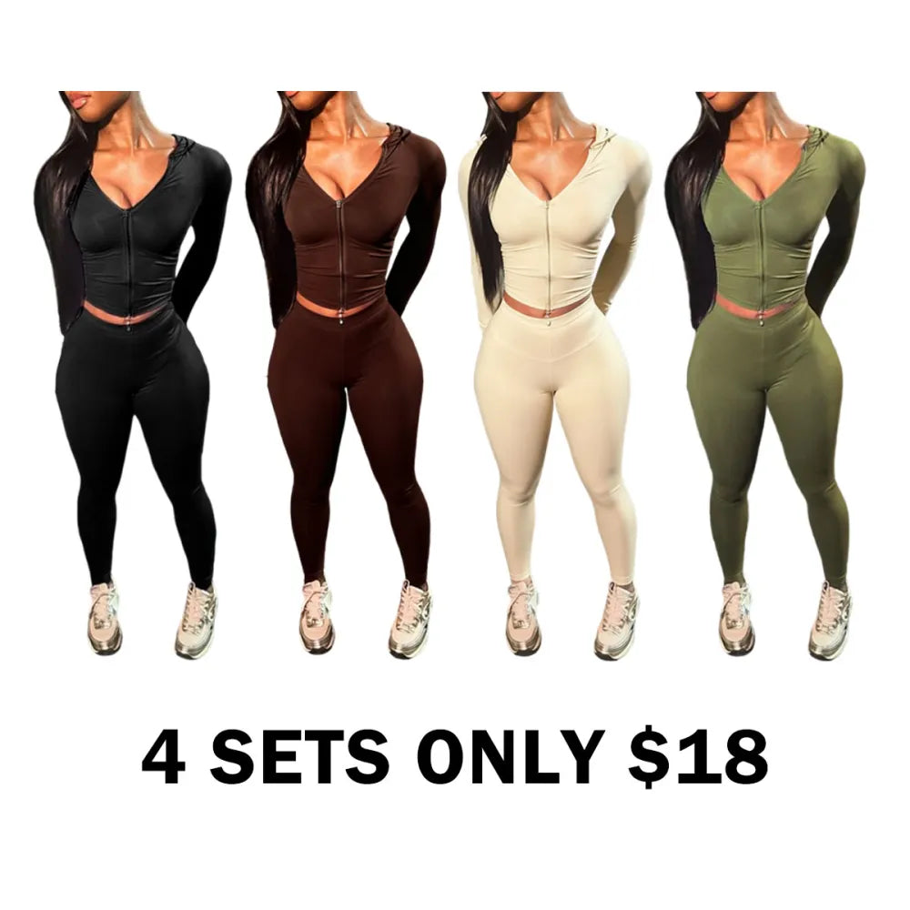 Zip Up Crop Top & High Waist Leggings Two-piece Set