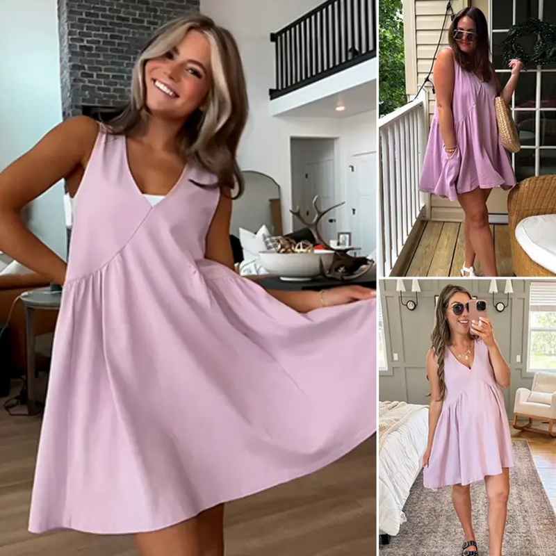 Special Sale❤️ Women's V-Neck Tank Sundress Summer Sleeveless A-Line Mini Dress Casual Loose Dresses with Pockets