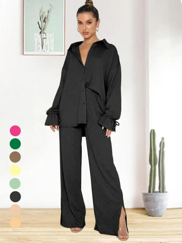 Women's Solid Button Front Shirt & Split Hem Pants Set