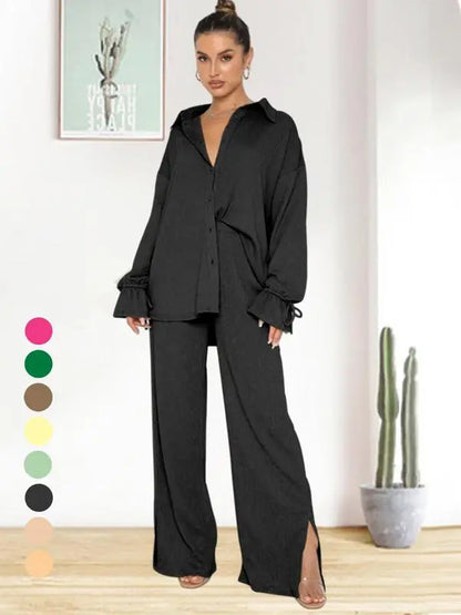 Women's Solid Button Front Shirt & Split Hem Pants Set