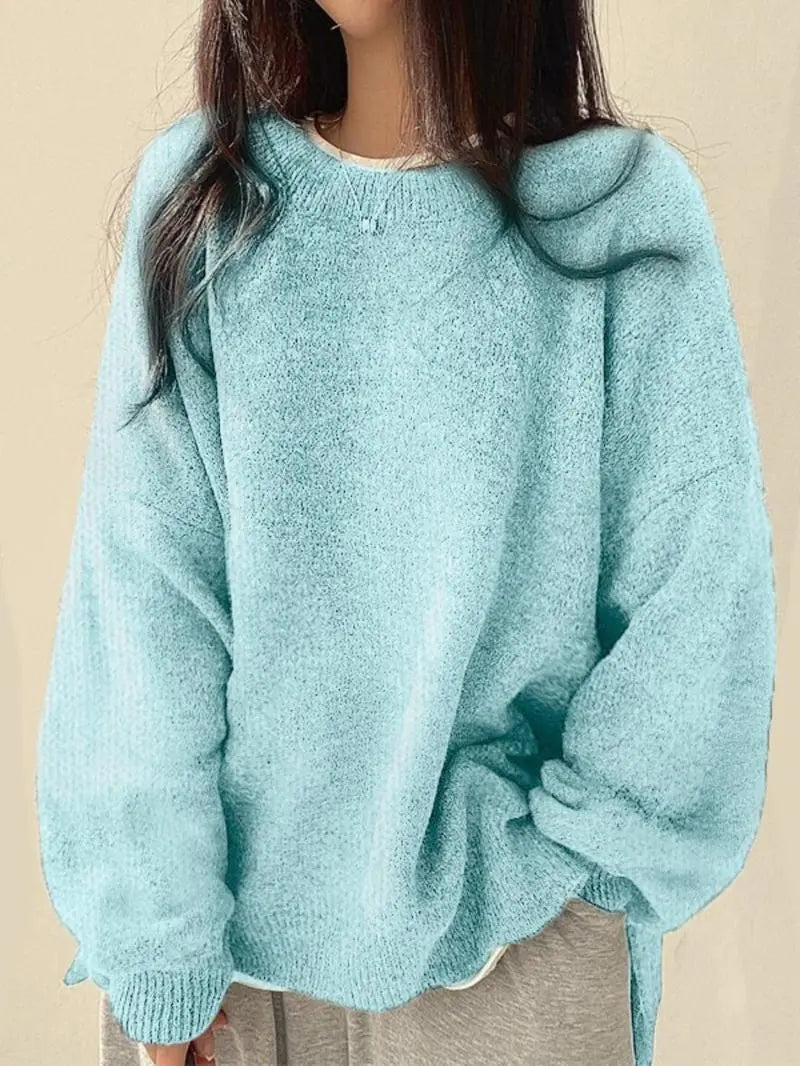 Women's Drop Shoulder Split Hem Sweater, Chic Casual Long Sleeve Round Neck Jumper