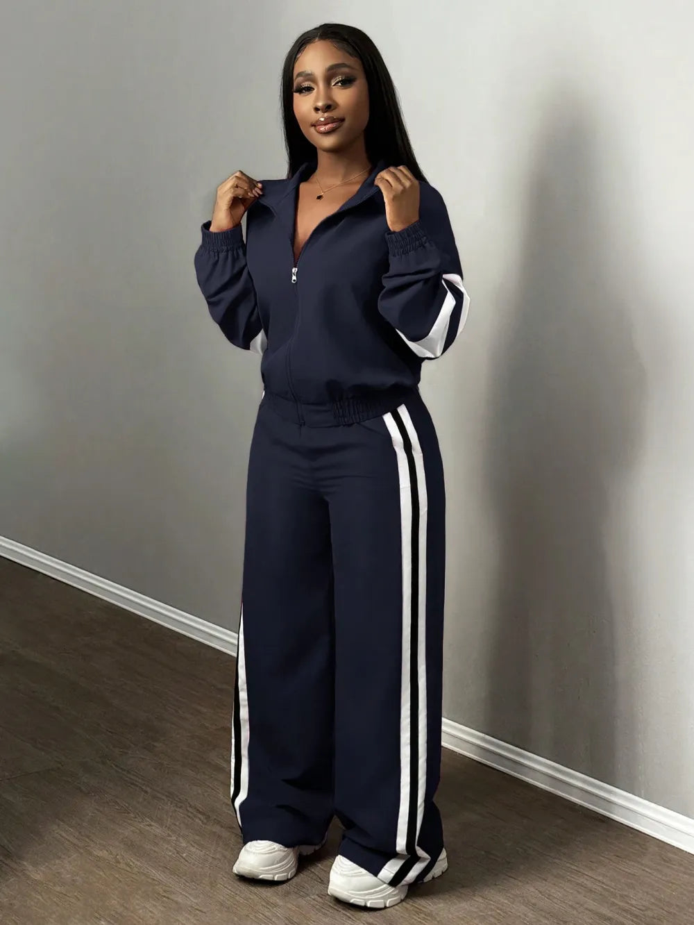 Women'S Zipper Jacket & Striped Wide-Leg Pants Set, Streetwear & Casual, Two-Piece Suit For Daily Wear