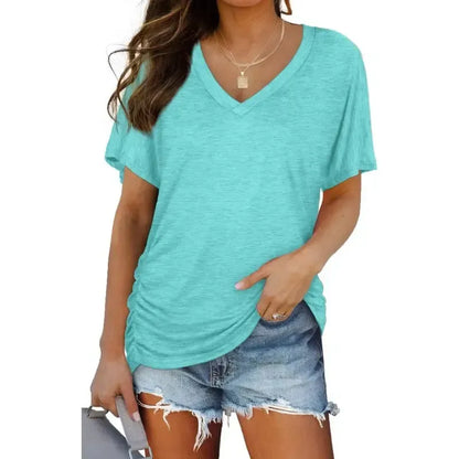 Womens Short Sleeve V Neck Dolman Tops with Side Shirring