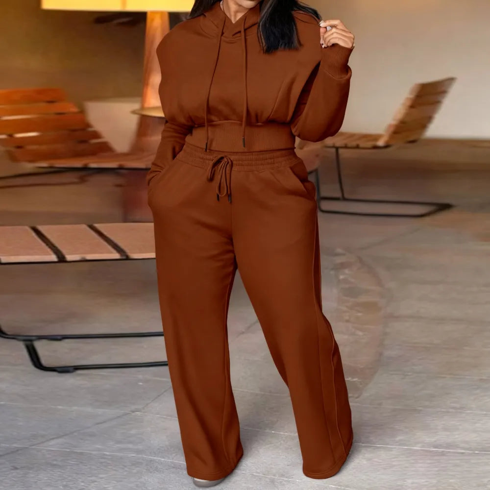 Hooded Long Sleeve Sweatshirt and Casual Wide Leg Sweatpants Set