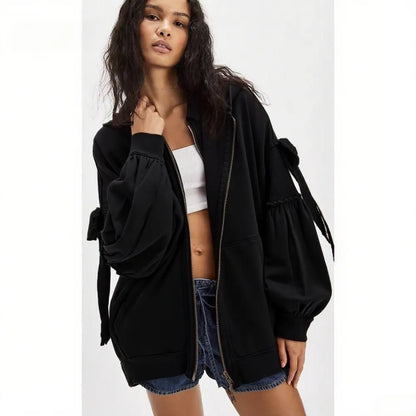 Women's Fall/Winter Zip Up Hoodies with Pockets Stylish Solid Bow Tie Long Sleeve Sweatshirt Jackets