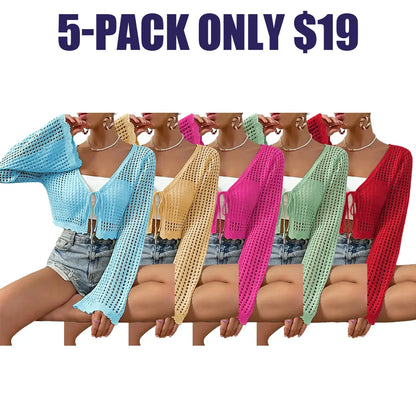 Women's Plain Hollow Out Tie Front Crop Cardigan