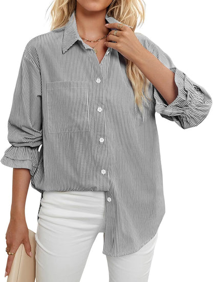 Women's Striped Button Down Shirts Smocked Cuffed Boyfriend Shirt Long Sleeve Blouse Top with 3 Pockets