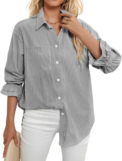 Women's Striped Button Down Shirts Smocked Cuffed Boyfriend Shirt Long Sleeve Blouse Top with 3 Pockets
