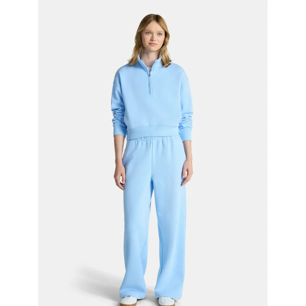 Fleece Half Zip Pullover & Cargo Wide-Leg Pants 2-Piece Set