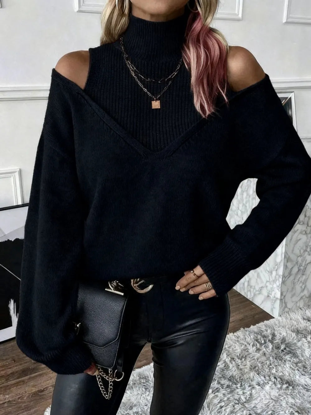Women's Plain Cut Out High Neck Sweater