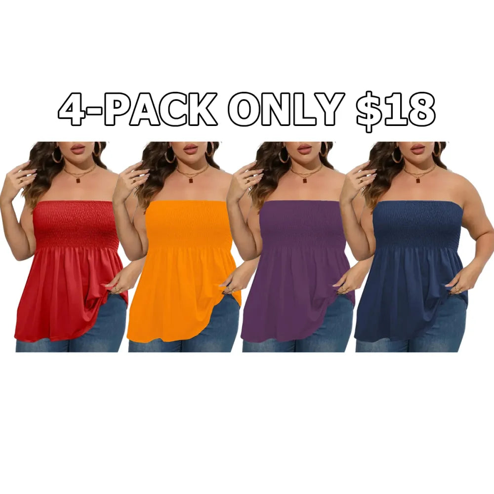 Plus Size Solid Ruffle Hem Shirred Tube Top, Boho Fashion Chic Style Tops