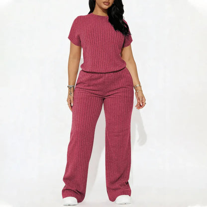 Women's Solid Shortsleeve Crewneck Ribbed Top & Wide Leg Pants