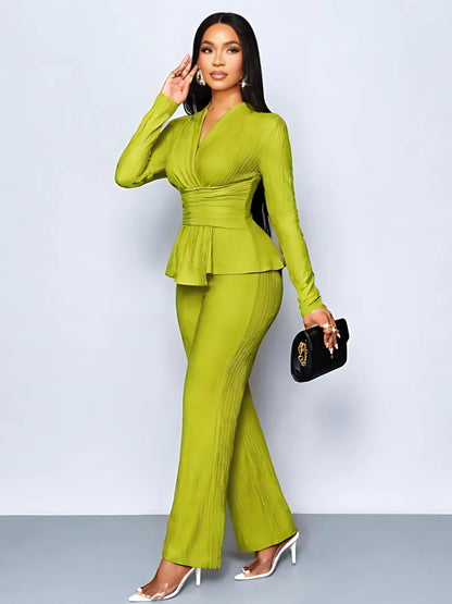 Women's Solid-Color Elegant V-Neck Long-Sleeve and Wide-Leg Pants Set