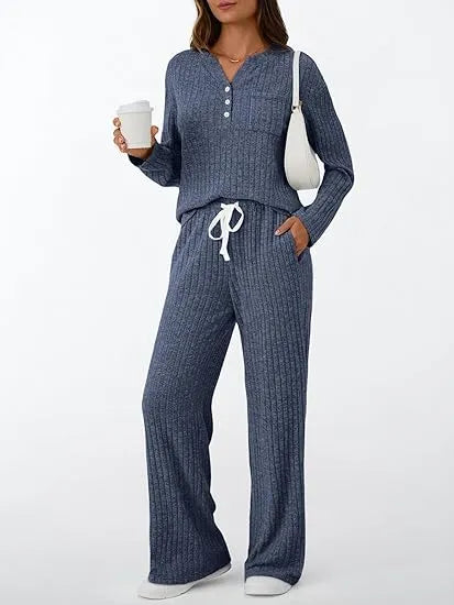 Womens 2 Piece Lounge Sets Fall Outfits Henley Neck Sweater 2025 Matching Sweat Suits Comfy Pajamas Clothes Pockets