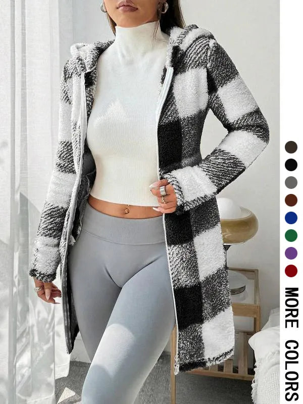 Plaid Fleece Long Sleeve Hooded Coat