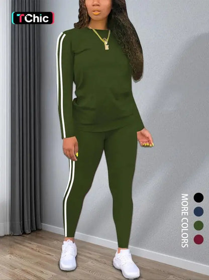 Women's Striped Print Long Sleeve & Pants Two-piece Set