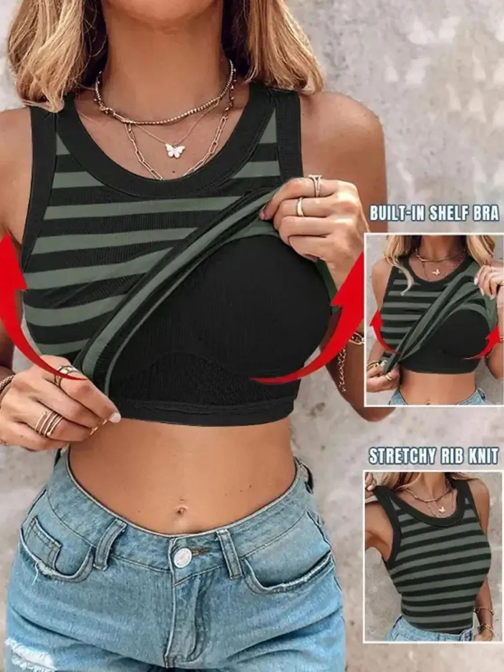 Round Neck Built-in Bra Ribbed Tank Top