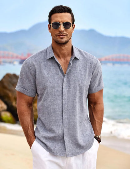 Men's Linen Shirts Short Sleeve Casual Shirts Button Down Shirt for Men Beach Summer Wedding Shirt