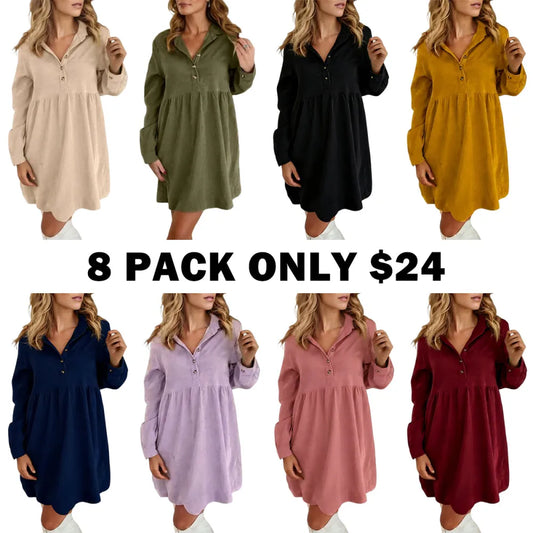 Women's Corduroy Half Button Collared Mini Dress with Pocket