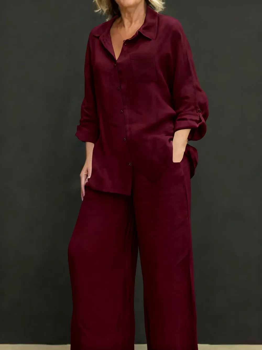 Women's Solid Color Shirt & Wide Leg Pants Set