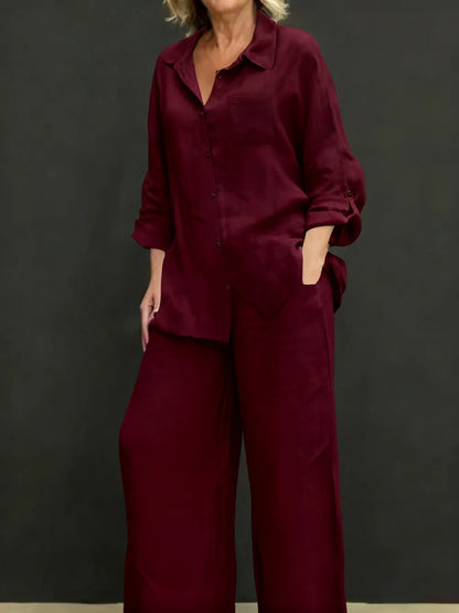Women's Solid Color Shirt & Wide Leg Pants Set