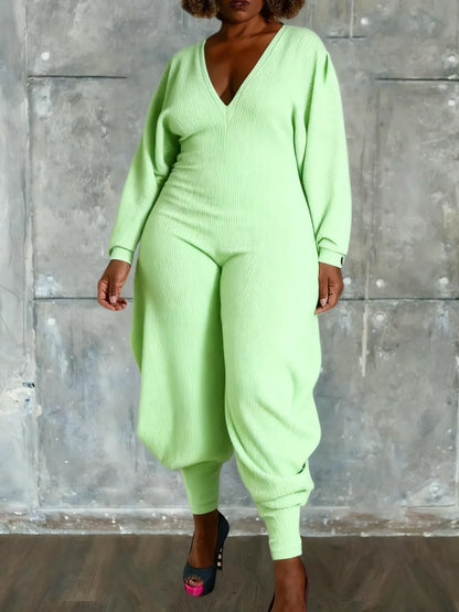 Women's Plain Bishop Sleeve Deep V Neck Jumpsuit