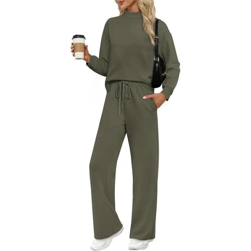 Two Piece Sets for Women Fall Outfits Lounge Sets Mock Neck Tops Wide Leg Pants Vacation Travel Airport Outfits Casual Long Sleeve