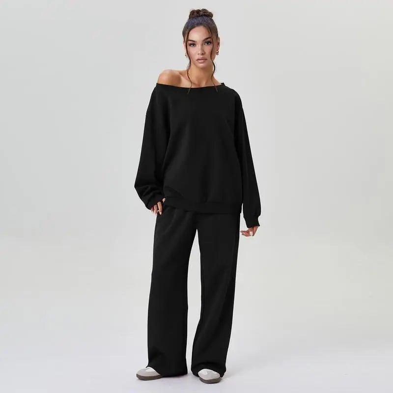 Women's Leisure Solid Color Sloping Shoulder Long Sleeve Top & Wide Leg Trousers Co-ord