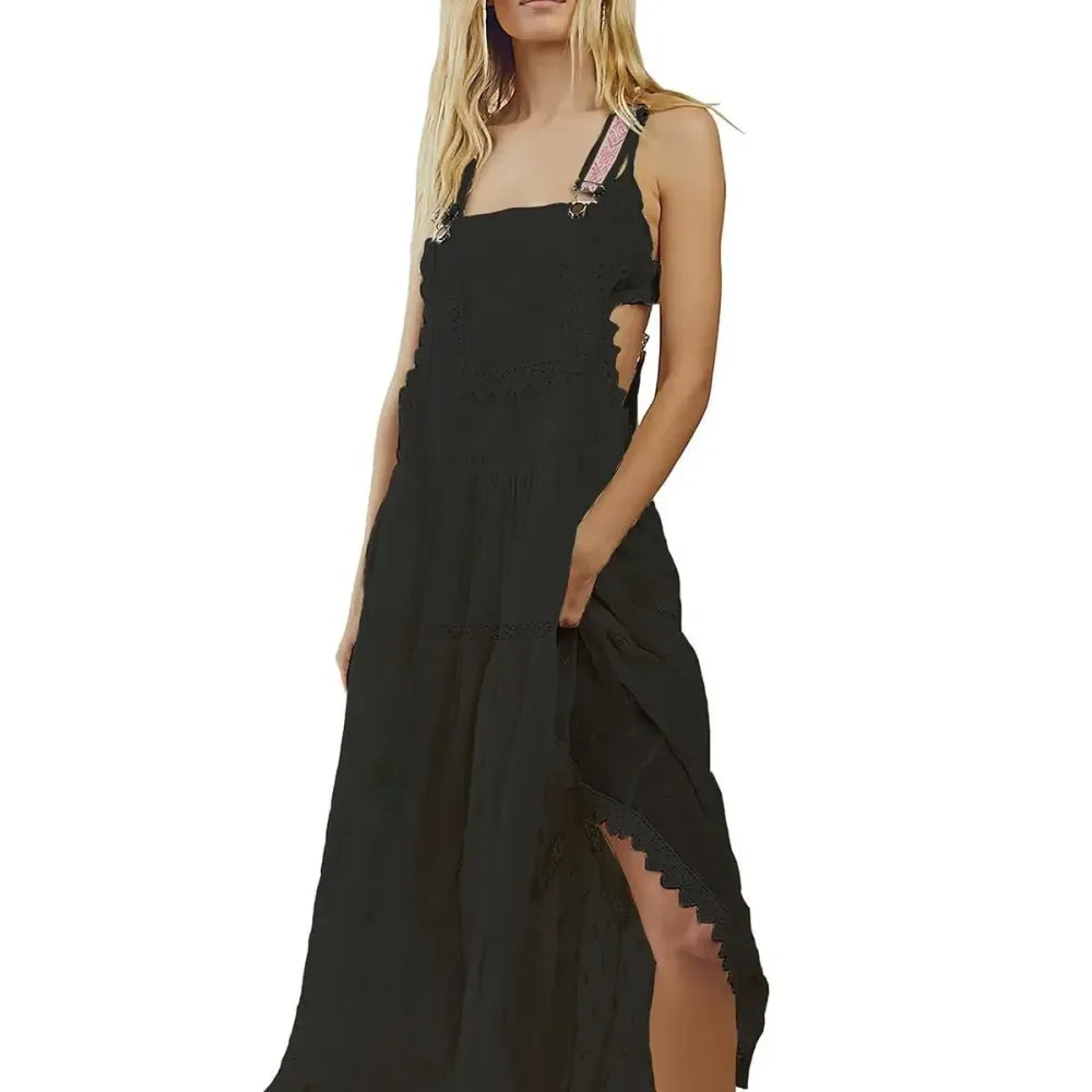 Women's Basic Minimalist Sleeveless Laced Embroidered Tulle Bib Dress