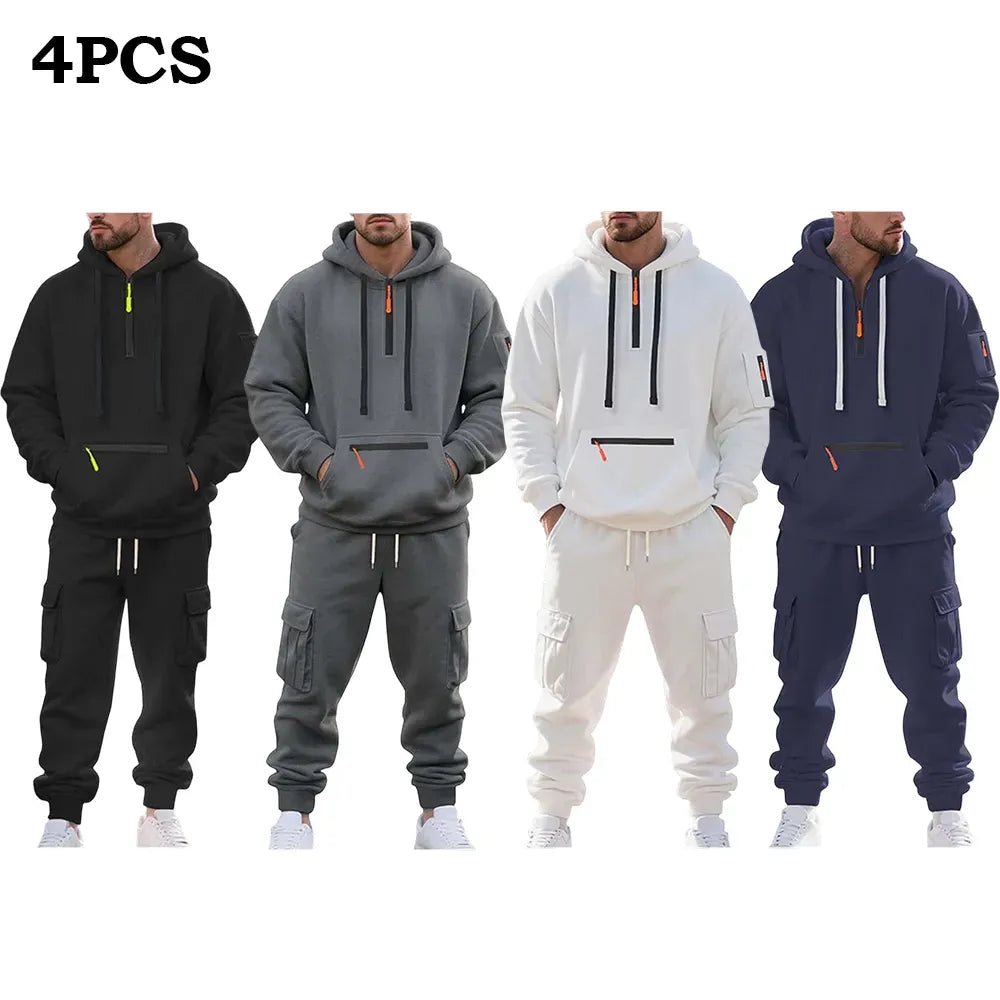 Men’s Fleece-Lined 2-Piece Tracksuit: Tactical Quarter-Zip Hoodie + Cargo Joggers