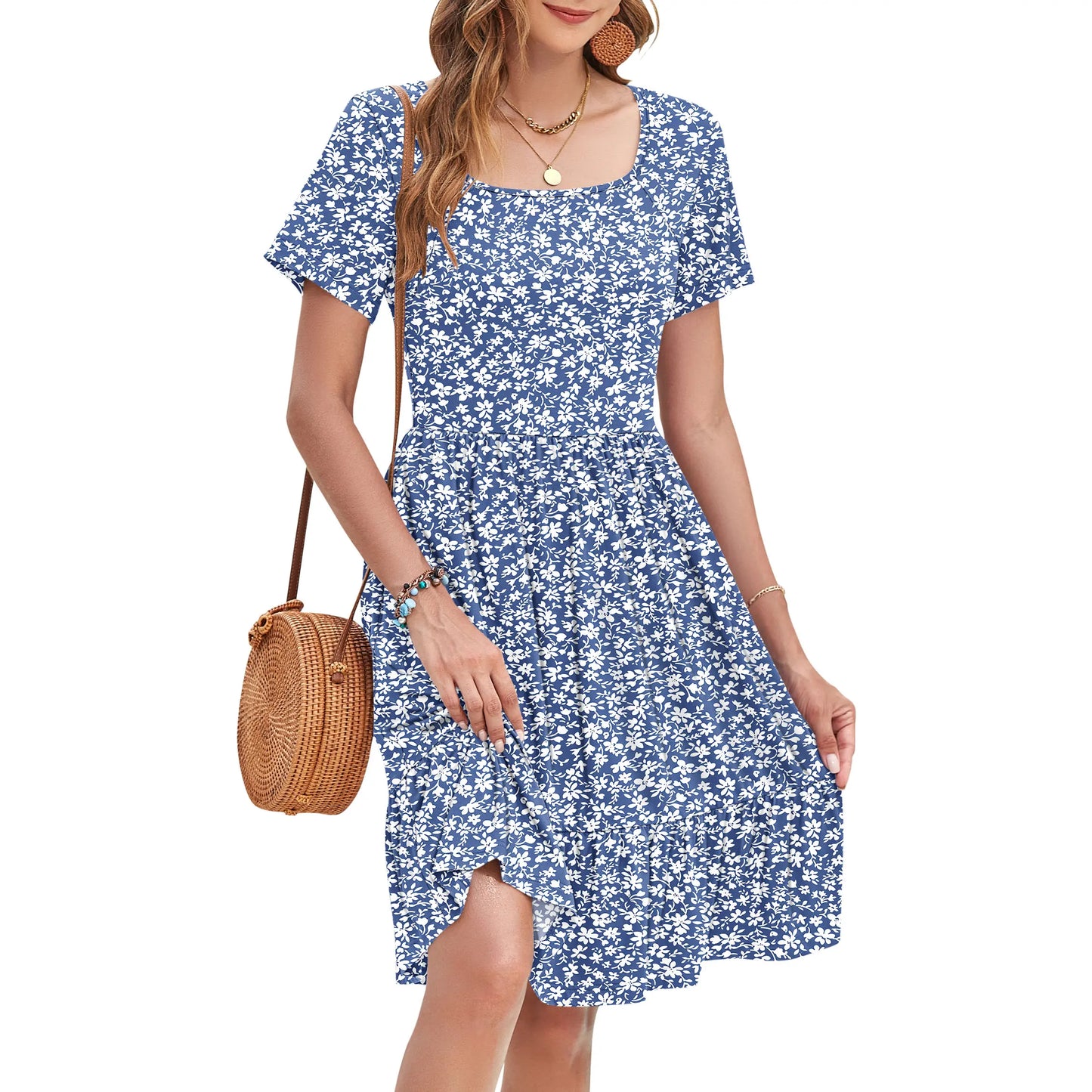 Women Square Neck Ditsy Floral Dress, Ruffle Empire Waist A-Line Sundress With Pockets