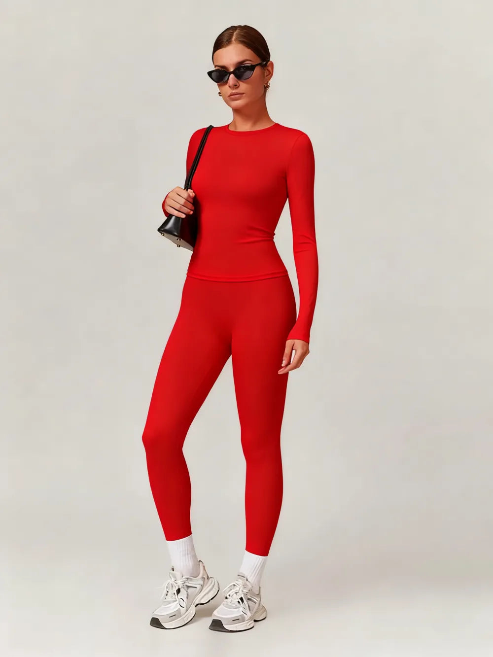 Women's Solid Long Sleeve Skinny & High Waist Leggings Tracksuit Set