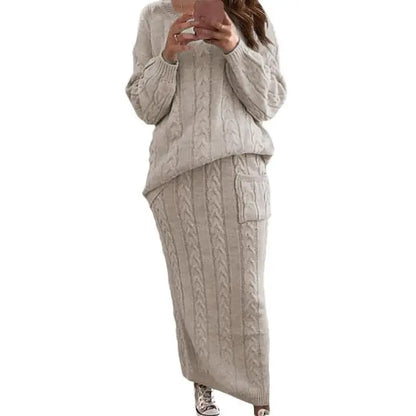 Women's Winter Chunky Cable Knit Long Skirt 2 Piece Sweater Sets