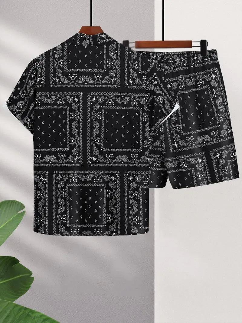 Men's All-Over Print Shirt & Shorts Set Casual Button Collar, Drawstring Waist, Tropical Summer