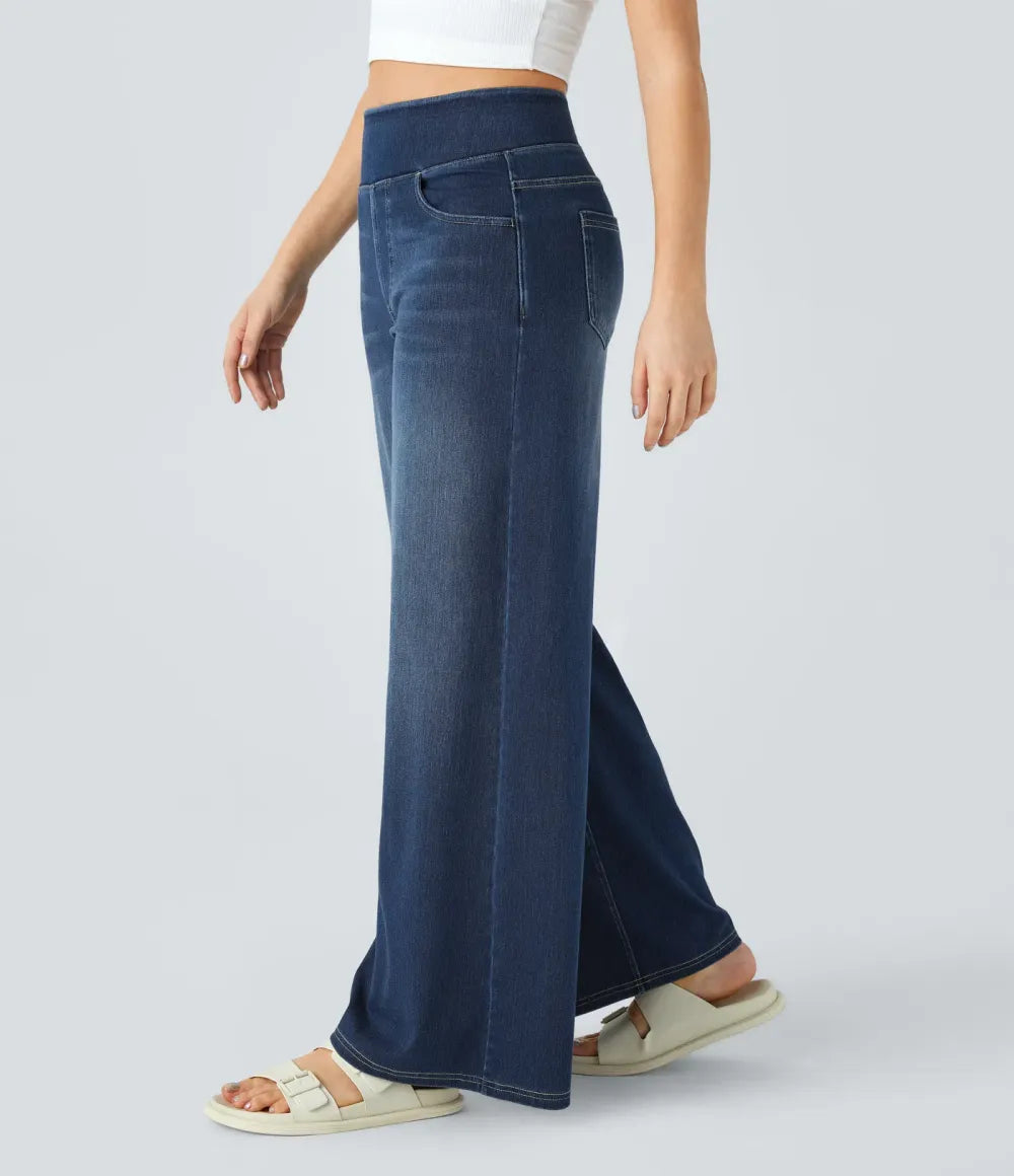 💝Last Day Promotion⚡High Waisted Multiple Pockets Baggy Wide Leg Washed Stretchy Knit Casual Jeans