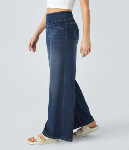 💝Last Day Promotion⚡High Waisted Multiple Pockets Baggy Wide Leg Washed Stretchy Knit Casual Jeans