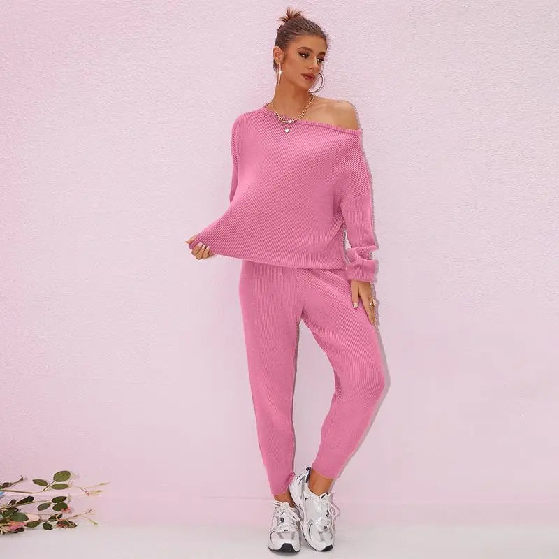 Women's 2025 Fall Winter Knit Set Oversized Sweater & Lounge Pants Matching Sets for Women Striped Knit Basic Black Fitted Long Sleeve Shirts & Blouses