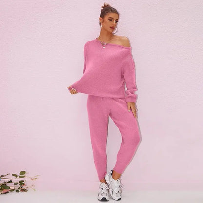 Women's 2025 Fall Winter Knit Set Oversized Sweater & Lounge Pants Matching Sets for Women Striped Knit Basic Black Fitted Long Sleeve Shirts & Blouses
