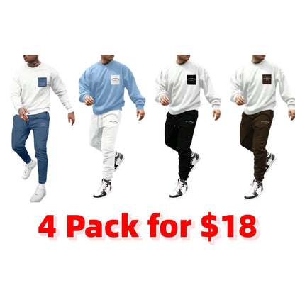 Two-Piece Set Men's Patchwork Drop Shoulder Pocket Sweatshirt & Letter Print Drawstring Sweatpants