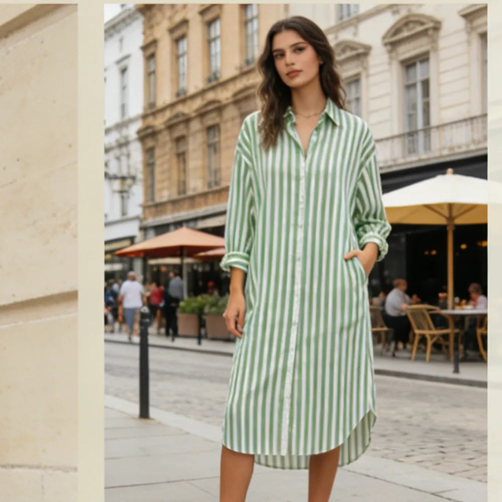 Women's Casual Long Sleeve Button Down Loose Striped Cotton Maxi Shirt Dress