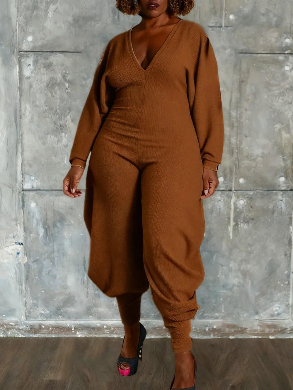 Women's Plain Bishop Sleeve Deep V Neck Jumpsuit