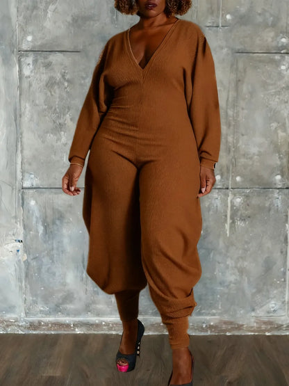 Women's Plain Bishop Sleeve Deep V Neck Jumpsuit