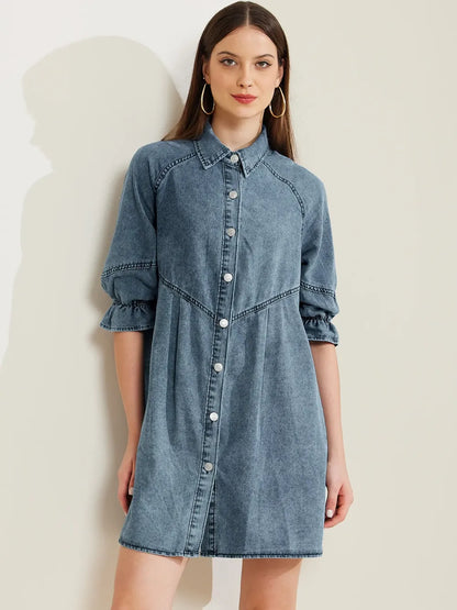 3/4 Lantern Sleeve Babydoll Mini Jean Denim Shirt Dress